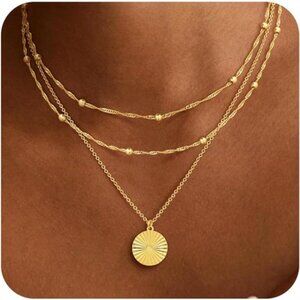 Layered Gold Sun Pendant Necklace | 14K Plated Beaded